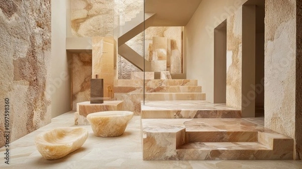 Fototapeta Modern interior design featuring natural stone textures and minimalistic decor that blends elegance with simplicity.