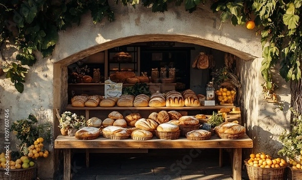 Fototapeta Rustic bakery shop displaying various breads and pastries outdoors.