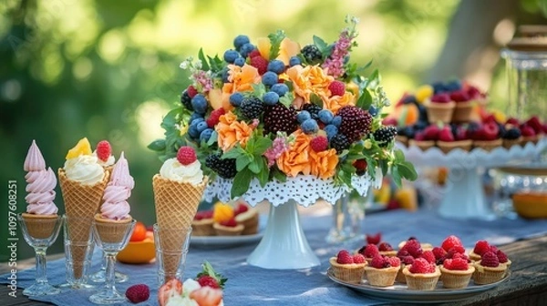 Fototapeta Bright and colorful summer desserts featuring ice cream cones and fruit tarts, arranged beautifully on a rustic outdoor table for a lively setting.