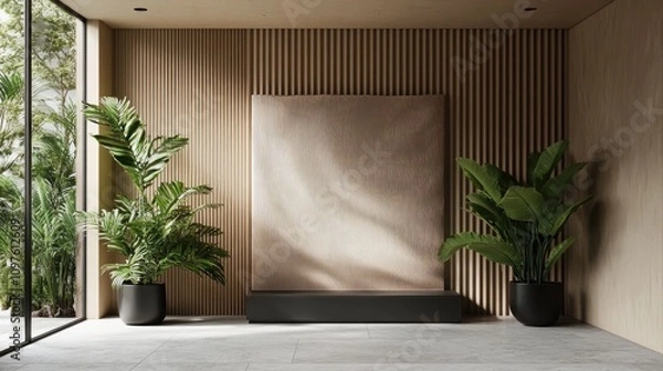 Fototapeta Modern Minimalist Interior Design with Green Plants and Textured Wall