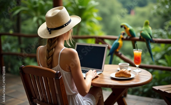 Obraz Woman Working Remotely in Tropical Jungle