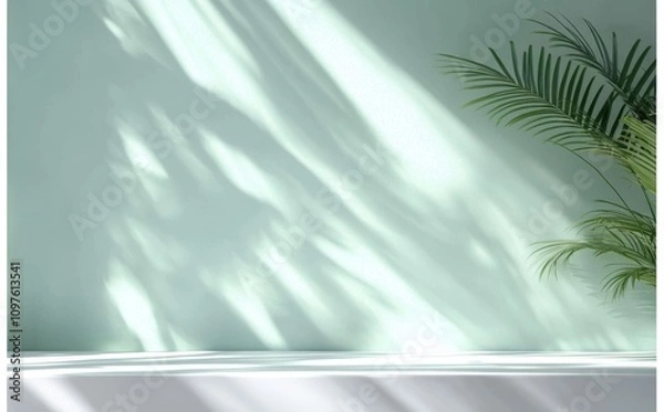 Obraz Abstract Palm Leaves Shadow on Light Green Wall with Soft Sunlight and Clean Aesthetic