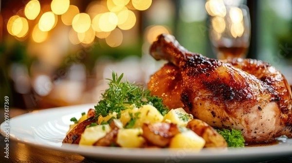 Fototapeta 1/2 chicken with potato salad next to it and some nice small green vegetable decorations, show blured in the background a typical bavarian alm 