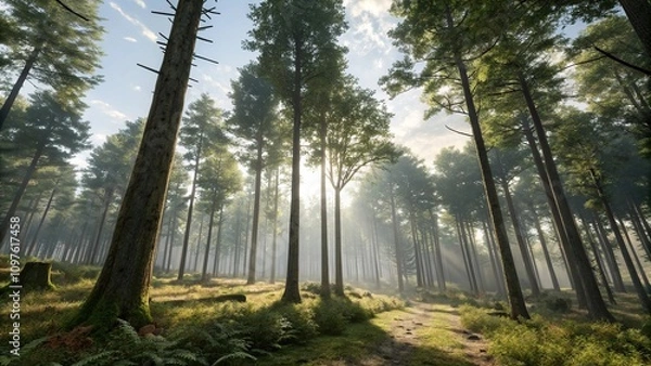 Fototapeta Tall trees swaying in the wind amidst a sunny forest floor, natural setting, sunlight filtering through