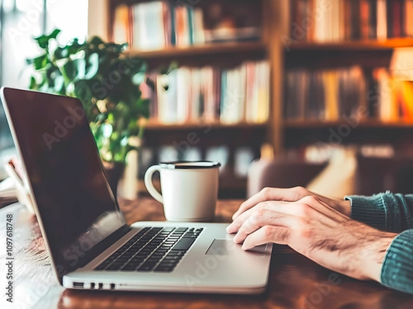 Fototapeta AI-Generated image of A person is typing on a laptop while holding a white coffee cup. The scene is set in a library with a large collection of books. The person appears to be focused on their work