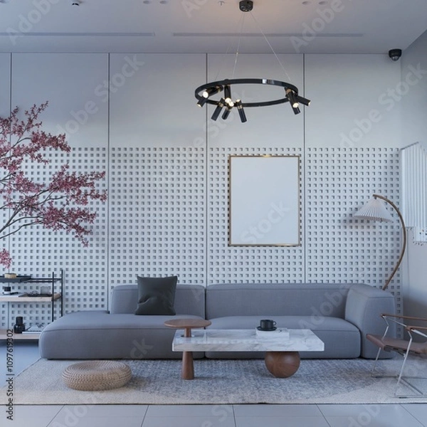 Fototapeta modern contemporary style of living room. there is sofa, coffee table, standing lamp, planter, decorations and poster framed mock up. 3d illustration