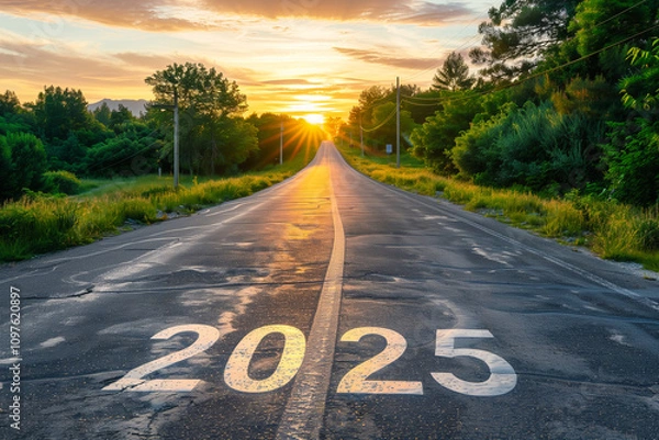 Fototapeta New Year 2025 or straightforward concept. The text 2025 is written on the road in the middle of the asphalt road. Concept of planning and tasks and motivation.