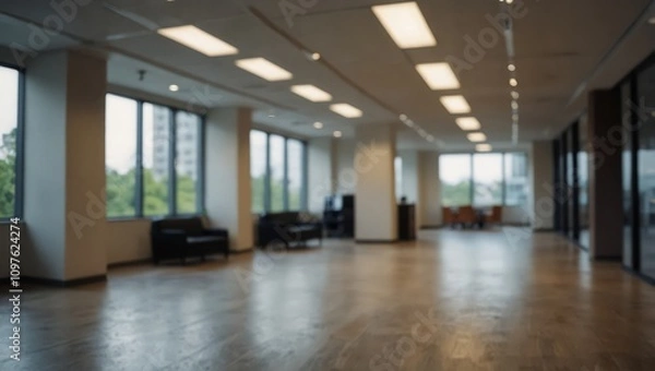 Fototapeta Blurred empty open space office. Abstract light bokeh at office interior background