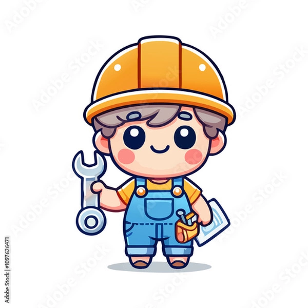 Fototapeta A cartoon boy is holding a wrench and a piece of paper