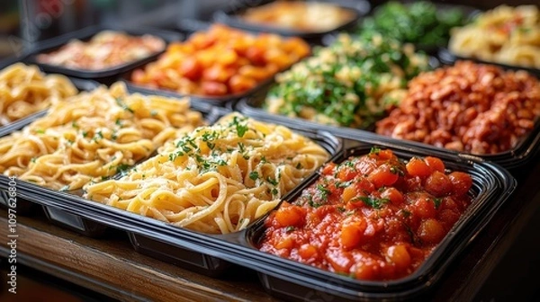 Fototapeta Delicious takeaway pasta trays filled with various sauces ready for a hearty meal in a cozy dining setting