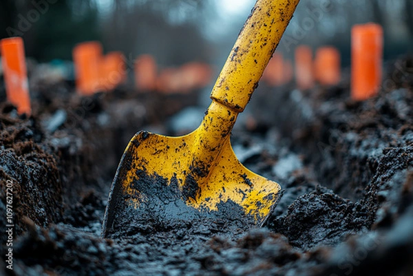 Fototapeta Close up of a yellow trowel used in construction site generated.AI