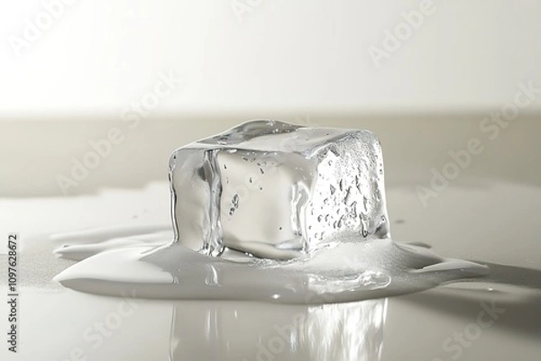Fototapeta Melting ice cube on reflective surface with water droplets.