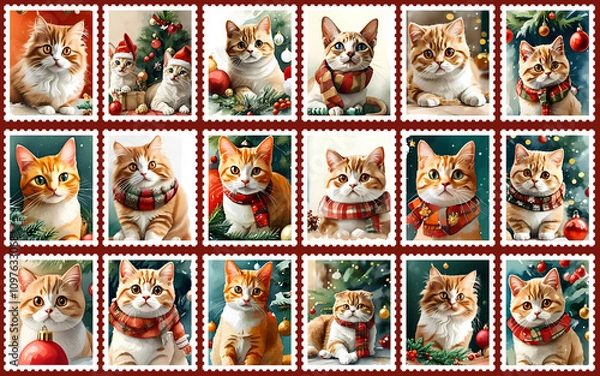 Fototapeta This charming illustration features a collection of adorable orange cats celebrating Christmas. Each cat is portrayed in a unique and festive way, surrounded by holiday decorations and ornaments.  
