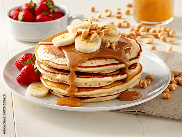 Fototapeta Delicious Banana Pancakes with Peanut Butter Drizzle