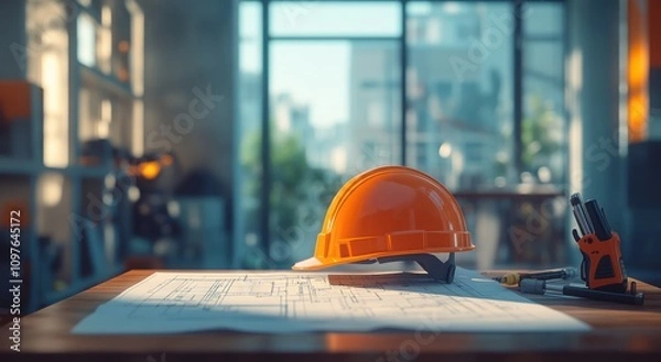 Fototapeta Construction Helmet and Blueprint on Workspace Desk in Modern Office Environment with Natural Light and Urban Background
