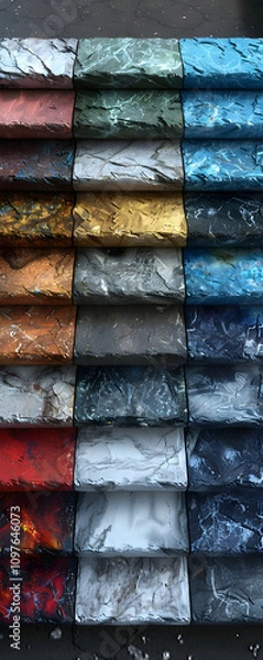 Fototapeta Colorful textured material samples arranged in rows.