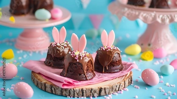 Obraz Four small chocolate flavored brigadier cakes on an easter table with pink napkin napkin ring similar to rabbit ears a themed sousplat and wooden stand blue background