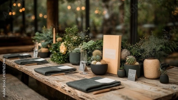 Fototapeta Charming rustic dining table adorned with greenery and elegant tableware for dining.