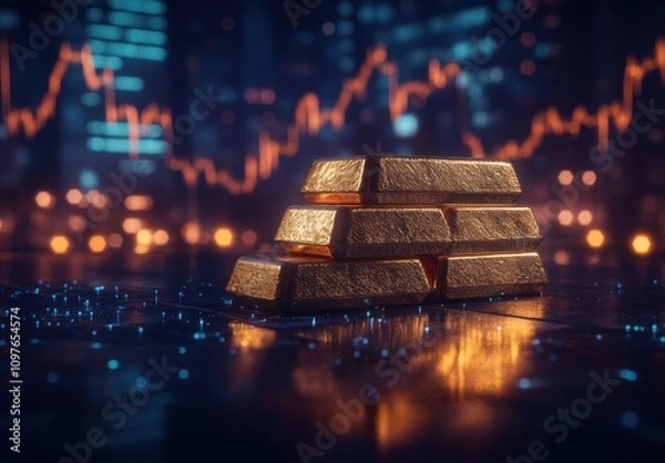 Fototapeta Glimmering Gold Bars on a Reflective Surface with Financial Graphs and Data Visualizations in the Background, Signifying Wealth and Investment Opportunities