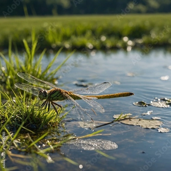 Fototapeta A dragonfly hovering over a pond in a grassy field.

