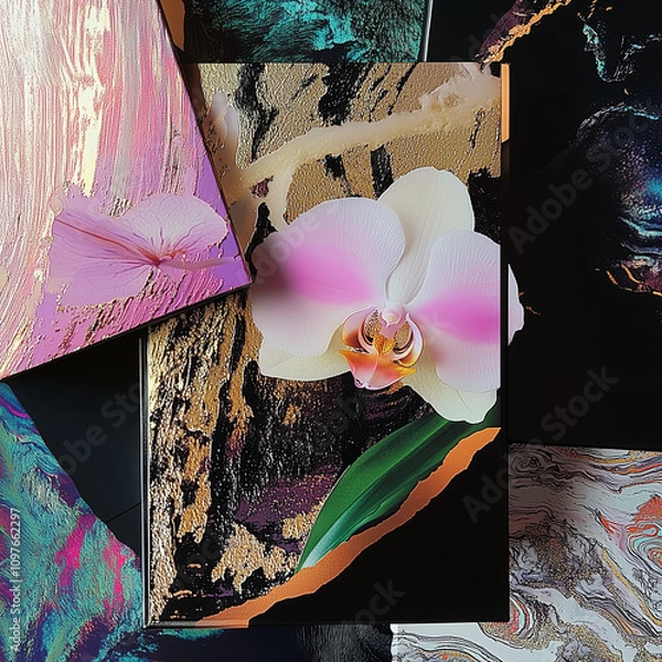 Fototapeta Single Orchid with Soft Pastel Background and Abstract Patterns Luxury Gift Card Envelope Wedding Invite