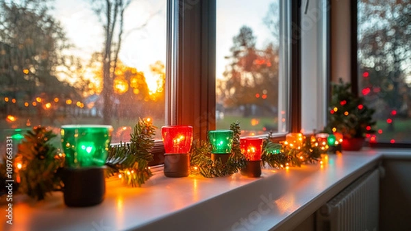 Fototapeta Red-green wreath glowing with light bulbs lies on a white window sill, light room, direct perspective, front view.