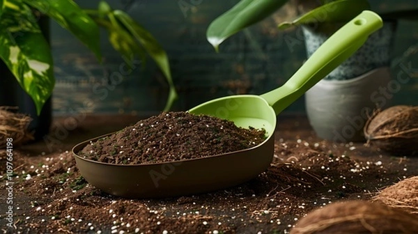 Obraz Green shovel and soil fertilizer in a pot for planting is preparing fertilizer for agricultural planting agricultural equipment for cultivation and nursery peat moss coco husk chips