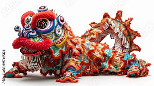 Fototapeta Traditional Chinese New Year lion dance costume, isolate on white background, colorful and detailed, festival attire,