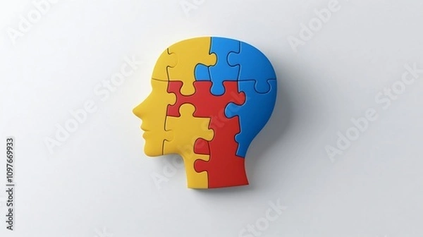 Fototapeta Colorful puzzle piece head icon representing the concept of mental health awareness personal growth and the search for solutions on a clean minimalist white background