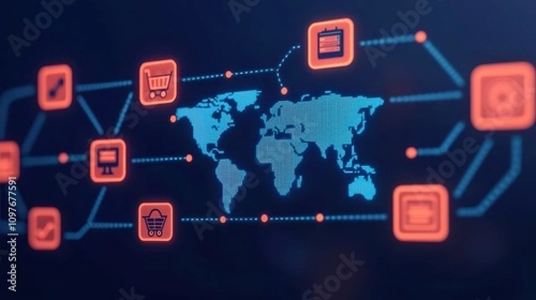 Fototapeta Global E-commerce Network Visualization with Shopping Icons and Data Flow Representing Online Transactions and Market Connectivity in the Digital Age