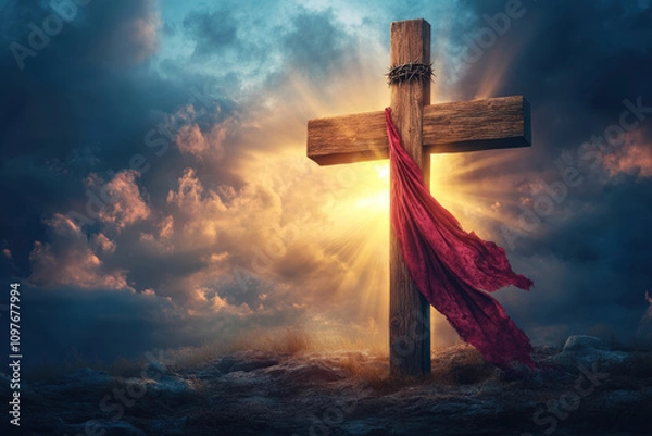 Fototapeta Wooden cross with crown of thorns. AI generative.