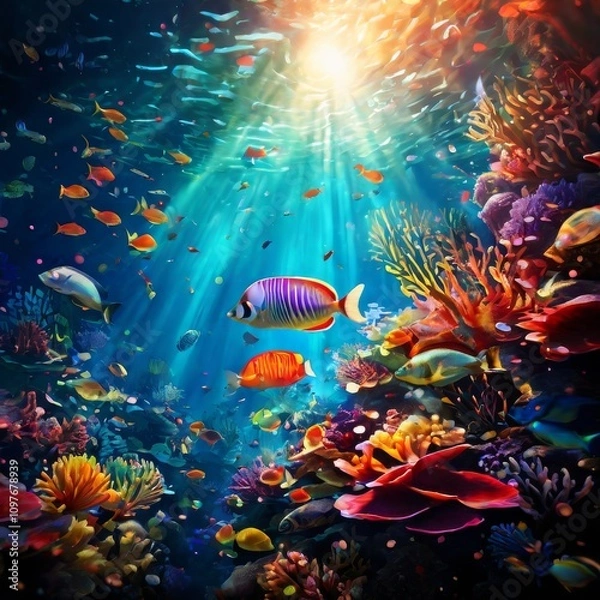 Fototapeta A mesmerizing underwater view showcasing vibrant tropical fish swimming around colorful coral reefs, with sunlight streaming through the clear water, creating a bright and lively marine atmosphere