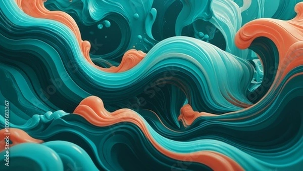 Fototapeta A painting of a wave with blue and orange colors. The painting has a dreamy and calming mood