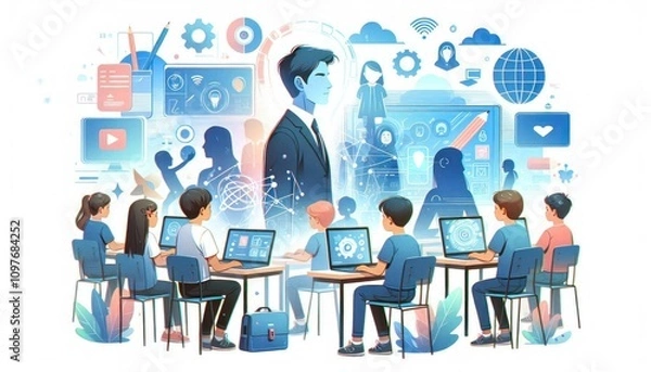 Fototapeta Digital citizenship education for kids in modern classroom with netiquette learning and technological tools