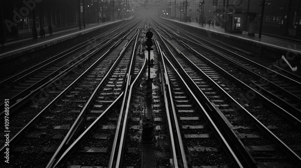 Fototapeta complex railway tracks with switches and interchanges showcasing a network of routes representing choices direction and the complexity of decision-making paths in life's journey transportation