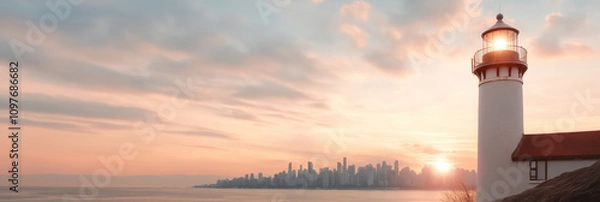 Obraz A majestic lighthouse stands watch over the calm ocean waters with a sprawling city skyline in the backdrop, basked in the soft glow of dusk light.
