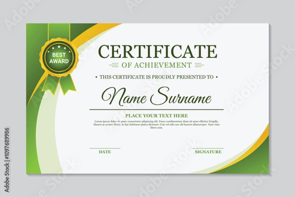 Obraz Certificate of achievement template elegant green gold curved shape design
