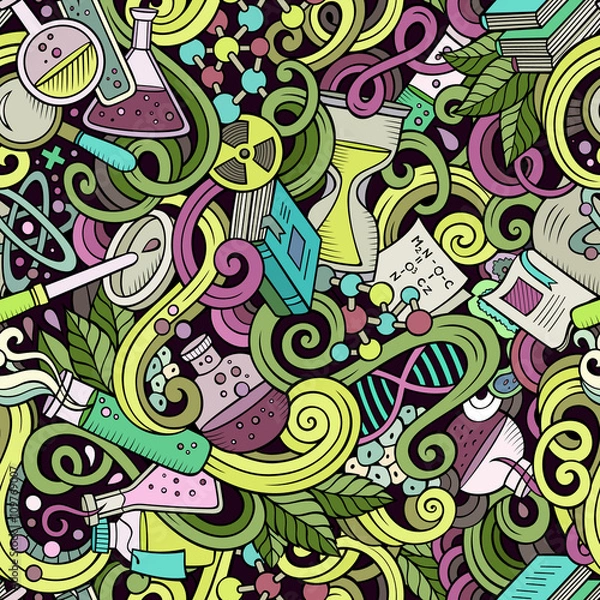 Fototapeta Cartoon hand-drawn science doodles seamless pattern