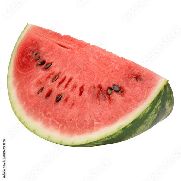 Fototapeta A slice of watermelon with seeds, cropped close, isolated on transparent background
