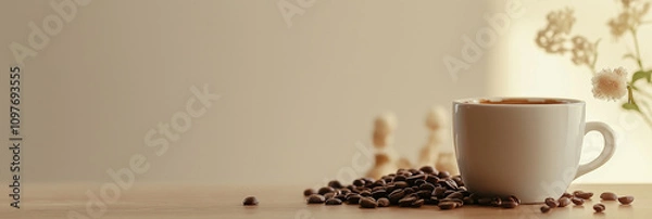 Obraz A steaming white coffee cup beside scattered coffee beans, set on a wooden table with soft morning lighting and blurred flowers in the background, creating a cozy ambiance.