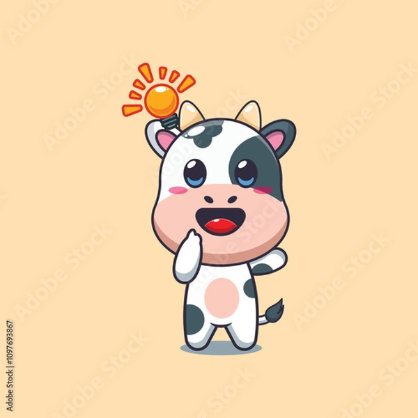 Fototapeta Cute cow get an idea cartoon vector illustration