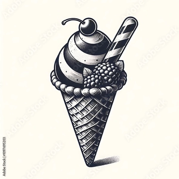 Fototapeta Detailed illustration of a black and white ice cream cone with a cherry, raspberry, and striped candy.