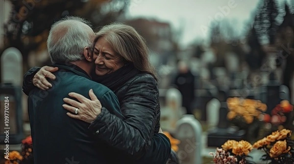 Obraz An elderly couple embracing in a cemetery, capturing a moment of love and remembrance amidst autumn flowers.