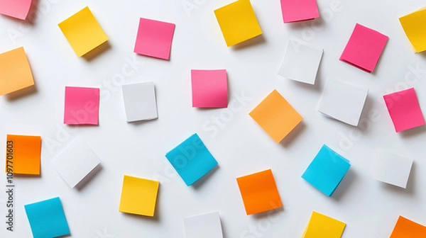 Fototapeta Sticky Note Post It Board Office. Business people meeting at office and use post it notes to share idea. Brainstorming concept. Sticky note on glass wall or blackboard. Set of colorful blank notes.	
