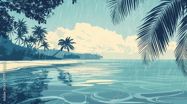 Fototapeta A tranquil beach scene featuring palm trees, calm waters, and a serene sky, evoking a peaceful, tropical atmosphere.