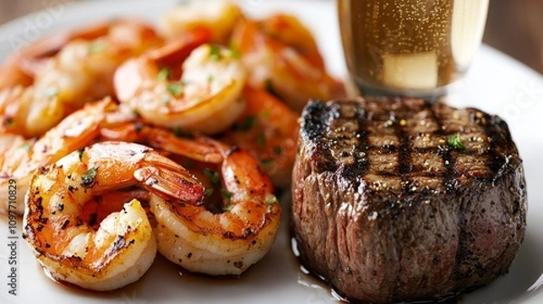 Fototapeta Delicious grilled steak with shrimp and a refreshing drink.