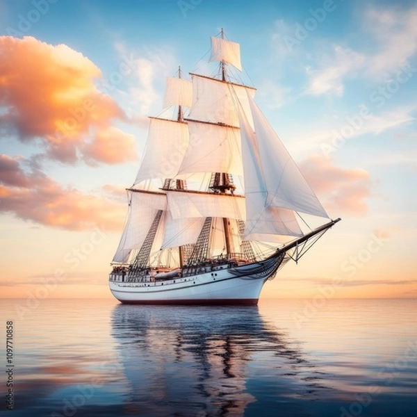Fototapeta Majestic sailing ship at sunset, calm sea, white sails, golden sky.