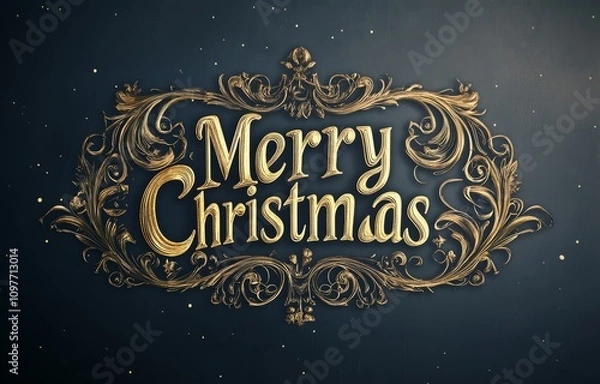 Fototapeta Festive holiday greeting with decorative Merry Christmas lettering surrounded by holly and snowflakes.