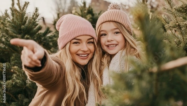 Obraz Happy Mother and Child Smiling and Pointing to Their Christmas Tree Farm