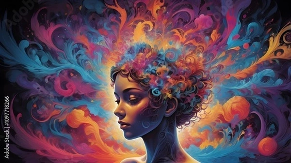 Obraz An abstract artwork depicting a woman's mind of a person with auditory hallucinations, surrounded by vivid, swirling colors, symbolizing creativity and imagination